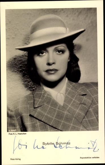 Postcard actress Sybille Schmitz, portrait, hat, autograph