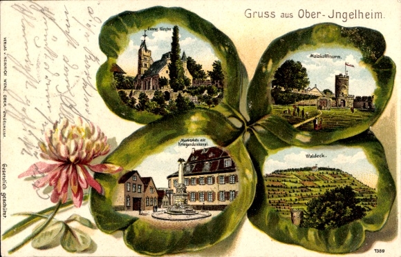 Cloverleaf Chromo-Litho Ober Ingelheim am Rhein, church, Malakoff Tower, market square, war memorial, Waldeck