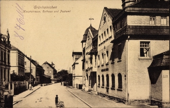 Postcard Grünhainichen Saxony, main street, town hall, post office