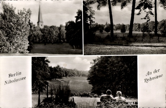 Postcard Berlin Zehlendorf Nikolassee, at the Rehwiese, bench 1618F, church tower