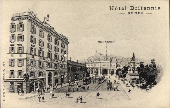 Postcard Genova Genoa Liguria, Hotel Britannia, trams, Gare Centrale