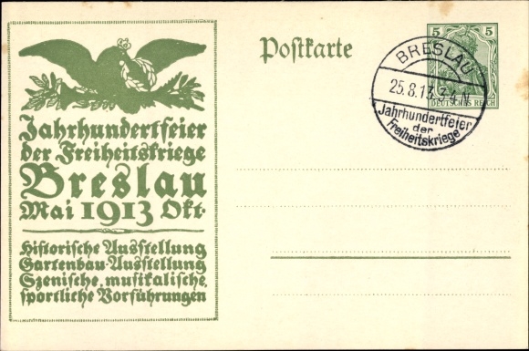 Briefpapier ansichtkaart Wrocław Breslau Silezië, eeuwfeest 1913, bevrijdingsoorlogen