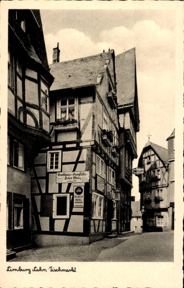 Ak Limburg an der Lahn, Gasthaus-Burgfelle, Deler Wens, Limburg Lahn Tischmarkt, Fachwerkhäuser