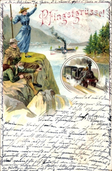 Chromo-Litho congratulations Pentecost, hikers, railway, steamer
