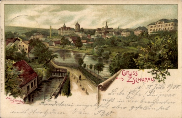 Artist Chromo-Litho Spindler, Erwin, Zschopau in the Ore Mountains Saxony, river section with view of the city