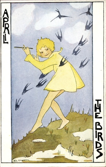 Künstler Ak Cramer, R., Allegorie, Monat April, Kind, Schwalben