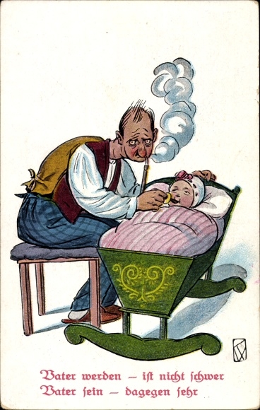 Postcard Becoming a father is not difficult, man with a pipe, baby in the cradle