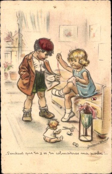 Artist Postcard Bouret, Germaine, Girl mending clothes, boy with holey jacket, doll