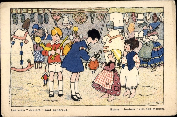 Artist Postcard Belgian Red Cross, Real Juniors are generous, Children at the Market