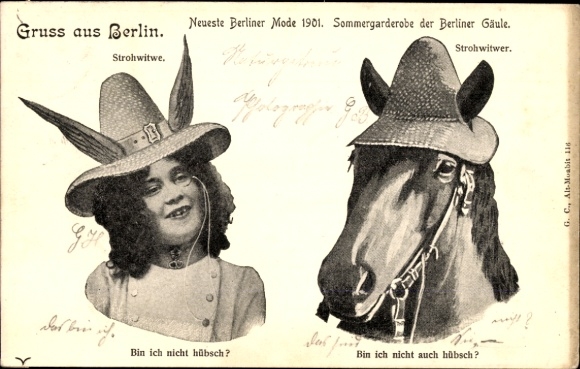 Postcard Berlin, Latest Berlin Fashion 1901, straw widow, straw widower, horse, hats, humor
