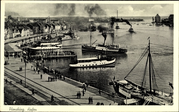 Postcard Flensburg in Schleswig Holstein, port, steamer
