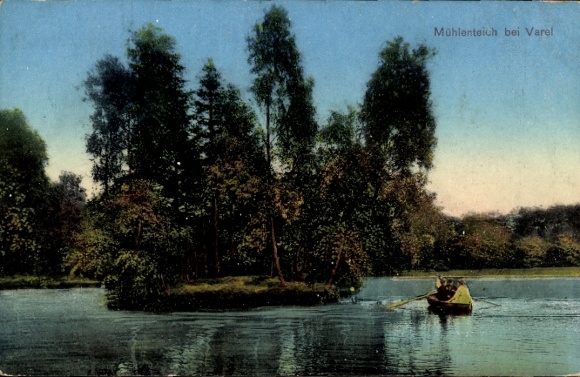 Postcard Varel in Oldenburg Jadebusen, mill pond, water landscape, rowing boat, trees, tranquil scenery