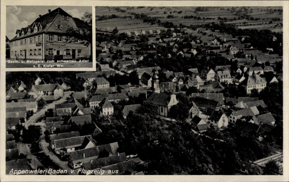 Postcard Appenweier in Baden Schwarzwald, aerial photograph, inn and butcher shop at the Black Eagle