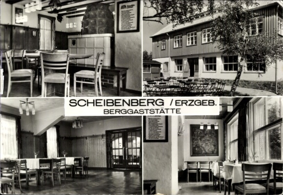 Ak Scheibenberg im Erzgebirge, Berggaststätte, Innenansichten, Tische und Stühle, Restaurant
