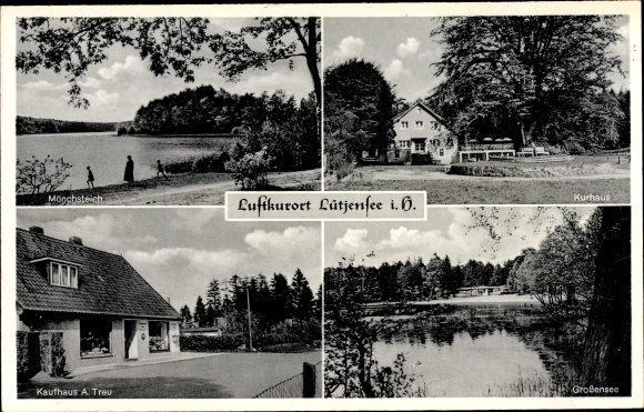 Postcard Lütjensee Schleswig Holstein, Kurhaus, Mönchsteich, department store, Grossensee