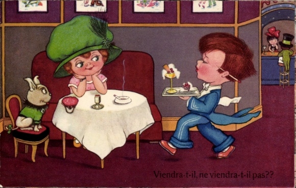 Postcard girl with dog eating ice cream, Amag 0276, waiter