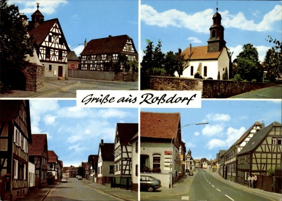 Postcard Bruchköbel in Hessen, Rooßdorf, partial views, half-timbered houses, church