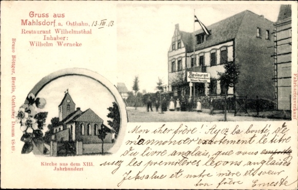Ansichtkaart Berlijn Marzahn Mahlsdorf, Restaurant Wilhelmsthal, kerk