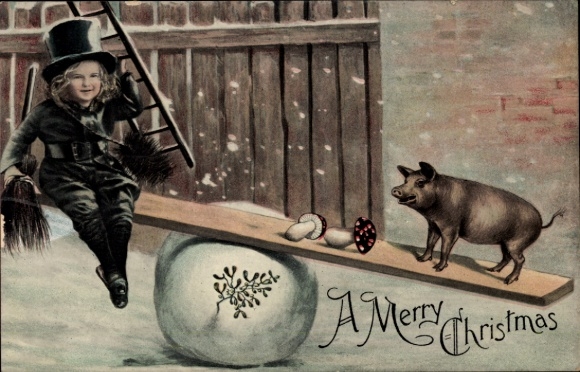 Postcard Congratulations Christmas, chimney sweep and pig rocking, mistletoe, mushrooms