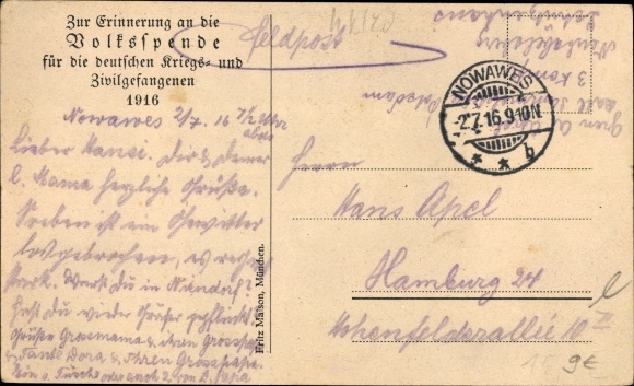 Artist PC people&#39;s donation for the German prisoners of war and civilian prisoners 1916, I. WW