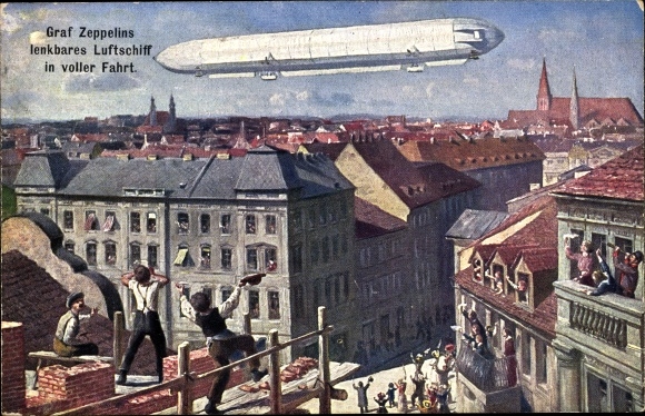 Artist PC Graf Zeppelin's dirigible airship in full speed, bricklayers, cheering spectators