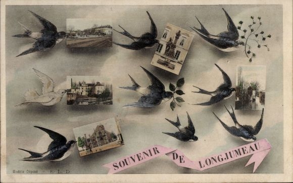 Postcard Longjumeau Essonne, monument, partial views, swallows