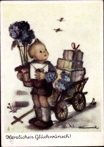 Kunstenaarskaart Hummel, Berta, gefeliciteerd anderen, jongen met cadeautjes en handkar, nr. 5436