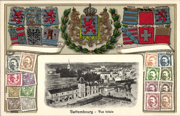 Präge Wappen Briefmarken Ak Bettembourg Luxemburg, Vue Totale