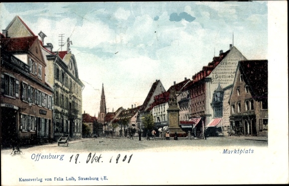 Postcard Offenburg in Baden Black Forest, market square with houses, street view, architecture