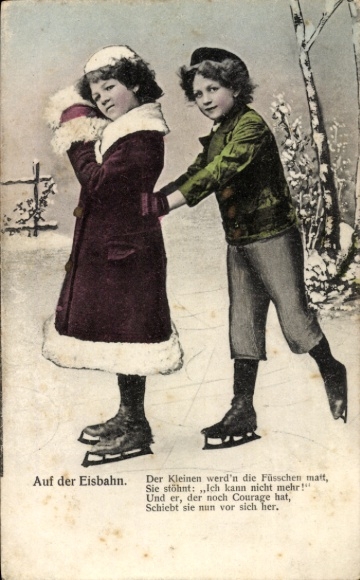 Postcard Two children ice skating