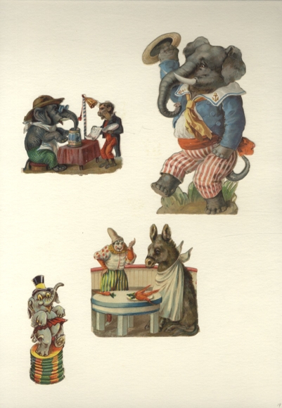 4 wafers elephant, monkey, clown, donkey in the circus, size approx. 13 x 8 cm, 7 x 8 cm and 8 x 4.5 cm