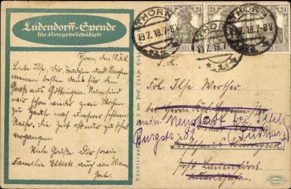 Postcard Ludendorff donation for war victims, veteran with tools