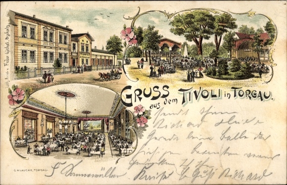 Litho Torgau an der Elbe, Etablissement Tivoli, Gartenpartie, Innenansicht