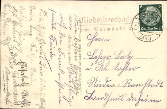 Postcard country postmark Niederbeerbach Darmstadt 2, ruin Frankenstein on the mountain road