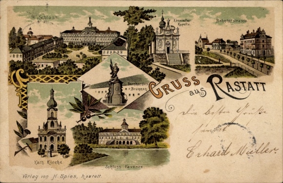 Litho Rastatt im Schwarzwald Baden, Schloss, Einsiedler Kapelle, Kirche, Bahnhofstraße, Favorite