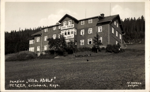 Ak Grünbach im Vogtland, Pension Villa Adolf, zweigeschossiges Gebäude, umgeben von Bäumen