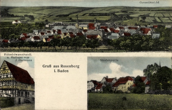 Ak Rosenberg in Baden, Gesamtansicht, Kolonialwarenhandlung Hutlager von J. Hartmann, Straßenpartie