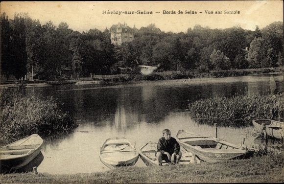 Ak Hericy Seine et Marne, Bords de Seine, Vue sur Samois, Ruderboot