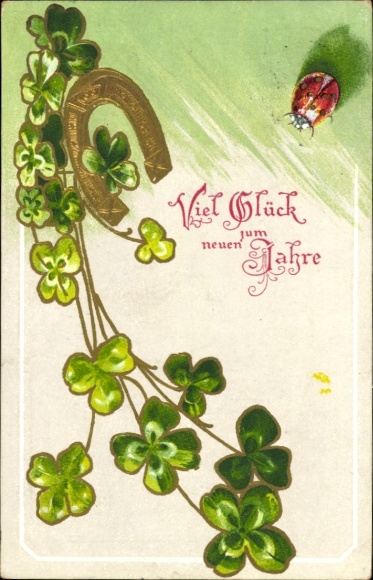 Postcard Happy New Year, lucky clover, horseshoe, ladybug
