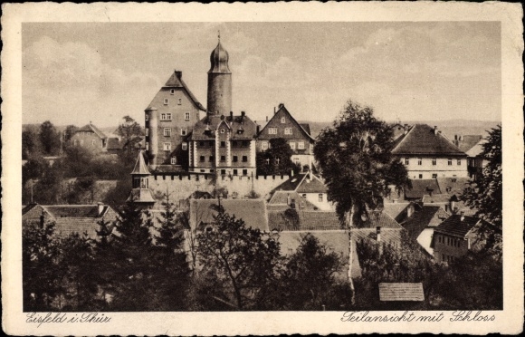 Postcard Eisfeld in Thuringia, partial view with castle