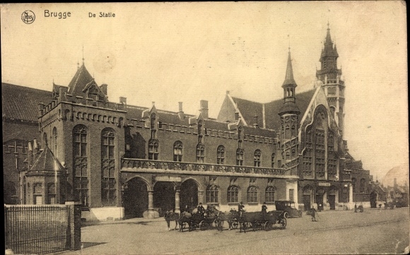 Postcard Bruges Bruges Flanders West Flanders, De Statie, train station, street side