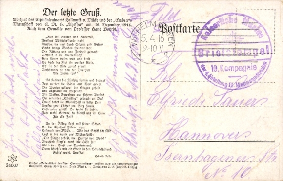 Kunstenaar Ak Bohrdt, Hans, De laatste groet, Luitenant Commandant Hellmuth von Mücke, SMS Emden, SMS Ayesha