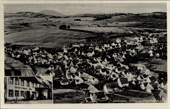 Postcard Undingen Sonnenbühl in Württemberg, aerial photograph, Gasth. Schwanenmühle
