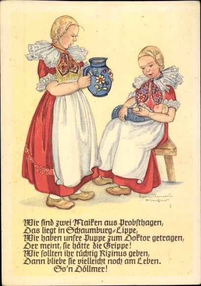 Artist Postcard Fischer, HU, girl in folk costume, doll, Probsthagen