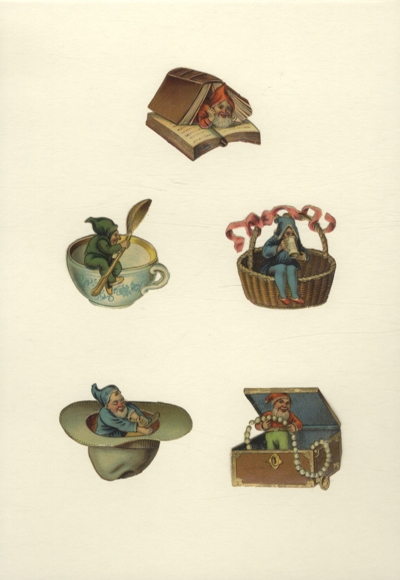 5 wafer dwarves in a book, cup, hat, jewelry box, each approx. 5.5 x 5.5 cm