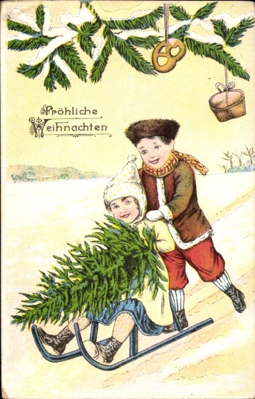 Ak Vrolijk kerstfeest, twee kinderen op een slee, kerstboom, peperkoek, boomversieringen