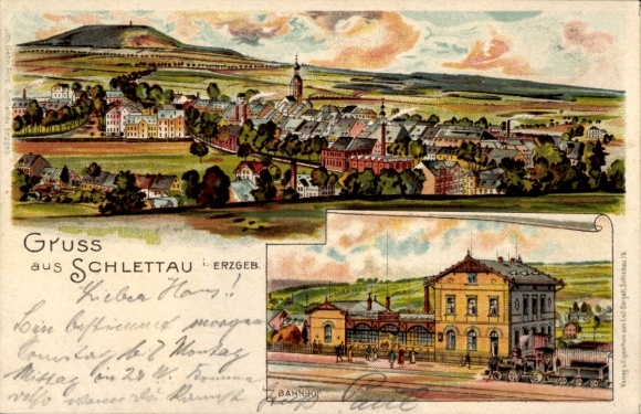 litho Schlettau in het Erzgebirge, algemeen beeld, treinstation, spoorweergave