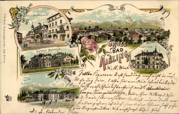 Chromo-Litho Bad Aibling in Upper Bavaria, market square, Kurhotel Mittelsbach, Ludwigsbad