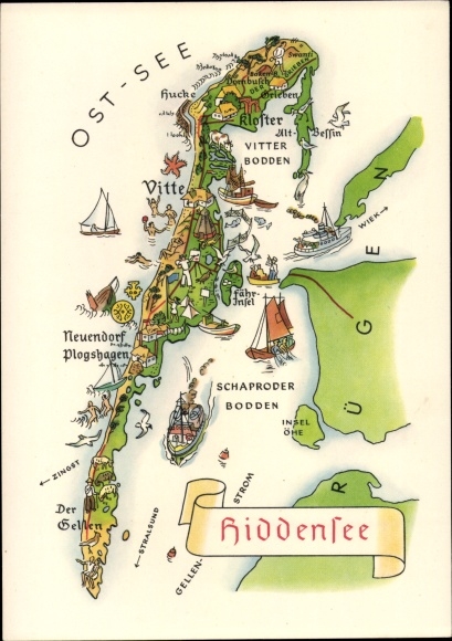Landkarten Ak Insel Hiddensee Ostsee, Vitte, Neuendorf, Plogshagen, Neuendorf, Bodden, Kloster