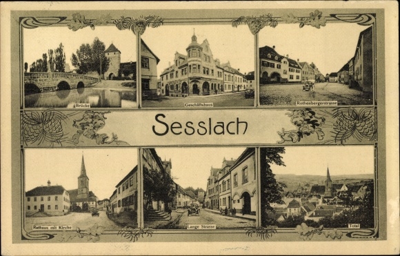 Postcard Sesslach in Upper Franconia, bridge, commercial building, town hall, church, long street